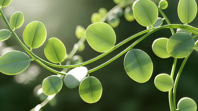 Lush green vine with rounded leaves illuminated by soft sunlight
