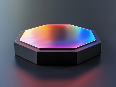 Abstract Holographic Octagon Pedestal, Iridescent Neon Light Podium, Concept of Future Technology, High-End Product, or Virtual Reality Interface.