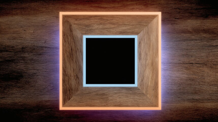 Glowing neon square portal in a wooden surface with a dark background.
