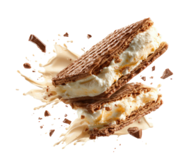 Waffle ice cream sandwich in mid-air with sauce & bits