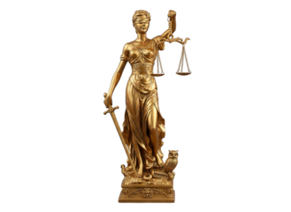 Golden Statue of Lady Justice Holding Scales and Sword Standing on Owl Pedestal Against Black Background Detailed Sculpture Symbolizing Law and Order