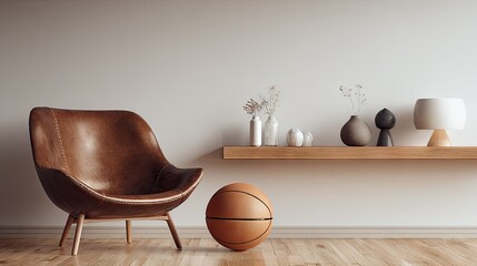 Stylish armchair and basketball in a modern living space.