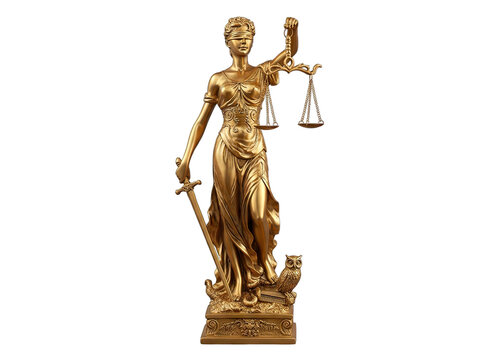 Golden Statue of Lady Justice Holding Scales and Sword Standing on Owl Pedestal Against Black Background Detailed Sculpture Symbolizing Law and Order