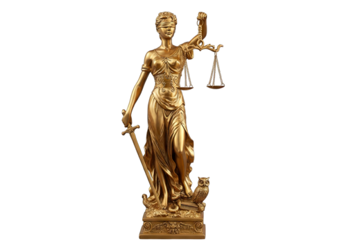 Golden Statue of Lady Justice Holding Scales and Sword Standing on Owl Pedestal Against Black Background Detailed Sculpture Symbolizing Law and Order