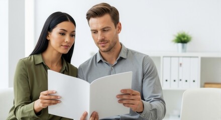Multiethnic couple reading a blank brochure in a modern office. Asian woman and Caucasian man looking at a booklet or document together
