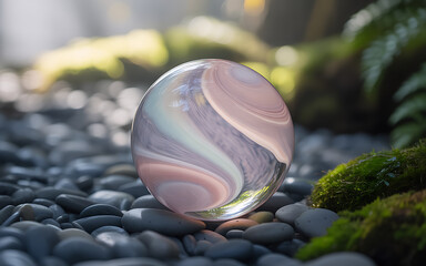 Stunning glass orb reflecting nature's beauty in a serene garden setting, perfect for meditation and mindfulness themes, bringing peace and tranquility