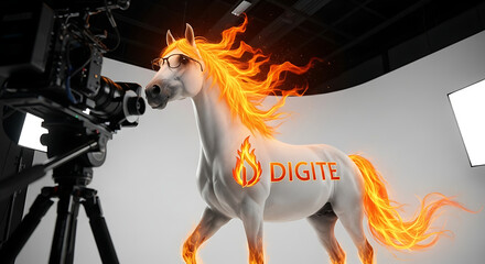 Obraz premium A majestic horse with fiery mane stands on a film set, ready for production.
