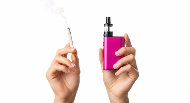Hands holding a lit cigarette and a pink vape device. Comparison of traditional smoking and an e-cigarette alternative.