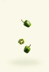 Whole and Sliced Green Bell Peppers on Light Background - Vegetable Ingredient for Cooking Content, Food Illustrations