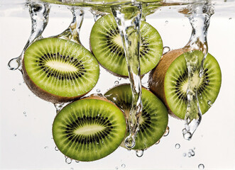 Abundant Sliced Kiwi in Underwater Setting - Fresh Juicy Fruit Element for Healthy Recipe Layouts, Fruit Branding