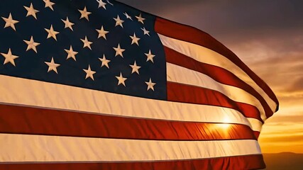 The American flag flutters dramatically in the golden sunset. The sun shines through the flag (backlit), creating a strong lens flare. A patriotic atmosphere and sense of hope. - Powered by Adobe