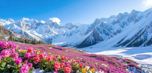 Snow-Capped Mountain Range With Pink Wildflower Meadow - Scenic Landscape for Travel Posters, Nature Wallpapers