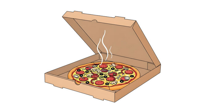 Steaming hot pepperoni and olive pizza in an open cardboard delivery box, ready for a delicious takeaway meal or a convenient home dining experience, perfect for quick food cravings