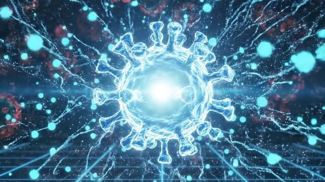 Microscopic View of Coronavirus Particles Being Neutralized by a Blue Energy Force in a Dark Futuristic Grid Environment - Powered by Adobe
