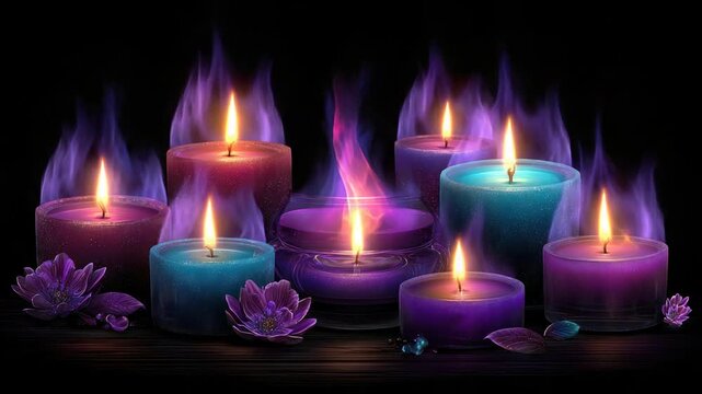 Lit candles with purple flames and flowers. Colorful wax cylinders on wooden surface, dark backdrop