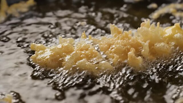 Close-up of golden-brown tempura being fried in bubbling hot oil, creating a delicious and crispy dish