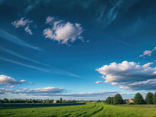 Expansive Green Meadow Under Bright Blue Cloudy Sky - Open Natural Backdrop for Outdoor Campaigns