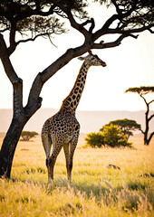 Giraffe Standing Under Acacia Tree in Savanna Landscape - African Wildlife Scene for Nature Campaigns