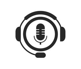 Simple line-art illustration of a customer service or VOIP headset. The design highlights both listening and speaking components, often used for technical assistance or contact centers.