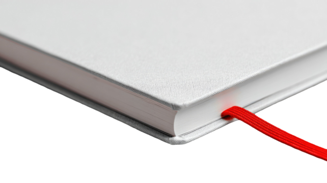 Minimalist hardbound notebook with textured white cover and red ribbon bookmark in clean close-up detail isolated on white background