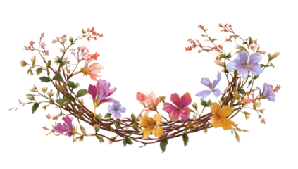 Floral half-wreath with colorful, delicate flower blooms