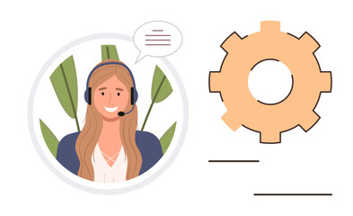 Female call center agent with headset and chat bubble beside a gear icon for service operation concepts. Ideal for communication, teamwork, troubleshooting, support, efficiency, connection