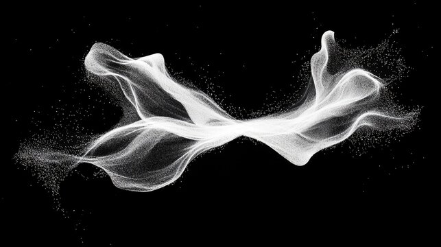 A dynamic, flowing cloud of white particles and dust swirls and drifts against a stark black background, creating an ethereal and abstract visual. - Powered by Adobe