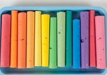 Vibrant assortment of colorful chalk sticks arranged neatly in a blue tray