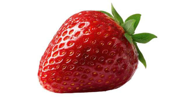 Fresh ripe strawberry with glossy red surface detailed texture and green leaves close up juicy fruit photography isolated on white background