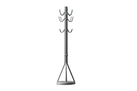 Chrome coat rack, 8 hooks, triangular base on black