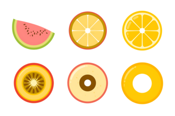 Flat illustration of sliced fruits on a black background