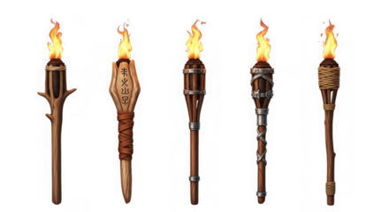 Collection of five different wooden torches with burning flame isolated on transparent background