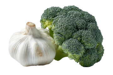 Broccoli and garlic fresh food produce against dark space