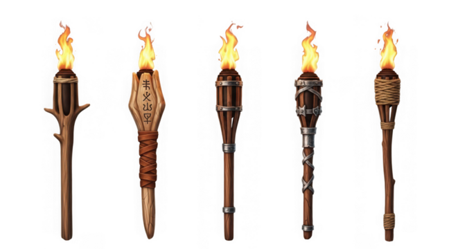 Collection of five different wooden torches with burning flame isolated on transparent background
