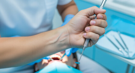 Dentist's gloved hands holding dental tools during a patient's oral examination in a modern dental clinic setting.