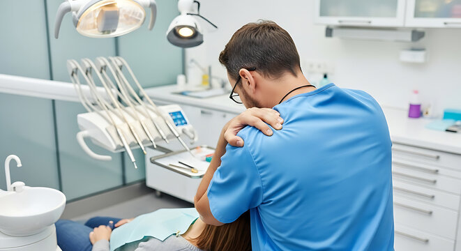 Dentist performing oral examination on patient in modern dental clinic, emphasizing professional healthcare and treatment.