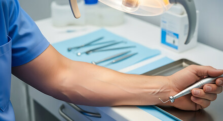 Close-up of a dental professional's arm in blue scrubs holding a dental tool, with instruments on a sterile tray in a clinic.