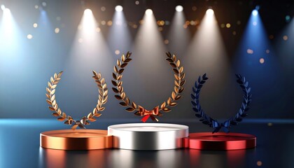 Three winner podiums with gold, silver, and bronze platforms and laurel wreaths under bright stage spotlights. Symbol of achievement, victory, and success.