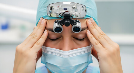 Healthcare professional in surgical gear with loupes, hands on temples, feeling stressed or experiencing a headache