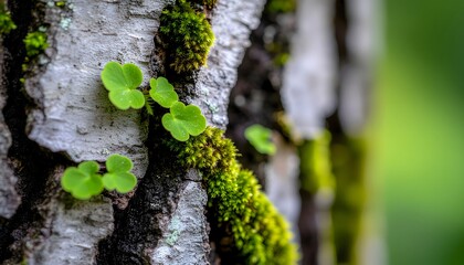 Close-up of a tree trunk with moss and small green clover plants growing on its textured bark