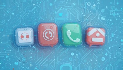 Row of modern three-dimensional application icons for music, camera, phone, and smart home on a blue circuit background