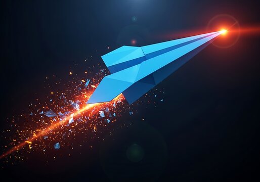 Blue paper airplane soars through darkness leaving a trail of sparks and light