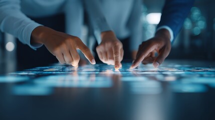 business event, blurred background, corporate meeting ,leadership, Presentation, Innovating Together: Team Using Tablet in Blurred Workspace for Strategic Startup Planning and Digital Transformation