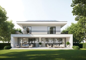 Modern two story white house with large glass windows and lush green lawn