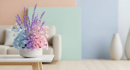 Modern decorative composition of lavender and flowers in pastel interior design with soft colorful b 27205236 1