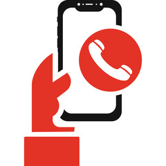 Hand Holding Modern Smartphone Displaying Incoming Call Icon Red Silhouette on Transparent Background