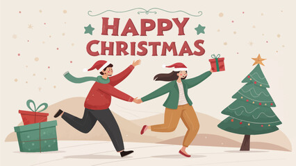 Christmas happy holiday celebration festive season merry christmas tree gifts family joy together winter vector illustration