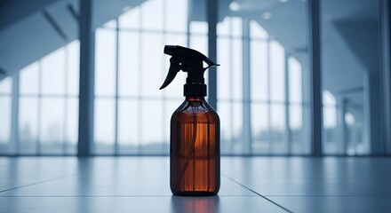Amber spray bottle against modern architecture background for cleaning or disinfecting