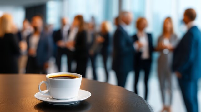business event,corporate meeting ,leadership, Presentation, Networking at Morning Seminar Coffee Corner with Blurred Background Attendees Chatting in a Relaxed Professional Atmosphere