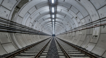 Railway tunnel interior with perspective view showing tracks concrete structure and overhead lightin 66775162 1